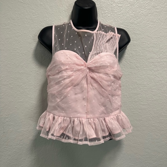 EXPRESS Tulle Polka Dot Twist Front Peplum Tank PINK - Picture 2 of 9